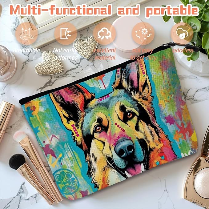 Scribesense Cosmetic Bags Travel Makeup Toilet Case Waterproof Pouch for Women Girls 6.7X9.45inches - German Shepherd in A Color - Splashed Artistic Background