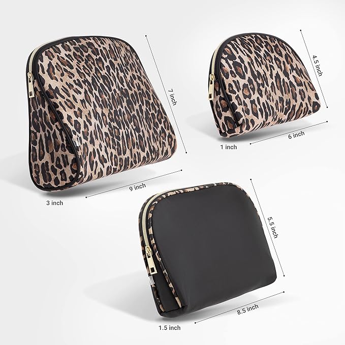 Once Upon a Rose 3 Pc Cosmetic Bag Set, Purse Size Makeup Bag for Women,Toiletry Travel Bag, Makeup Organizer,Cosmetic Bag for Girls Zippered Pouch Set, Large, Medium, Small (Brown and Black Leopard)