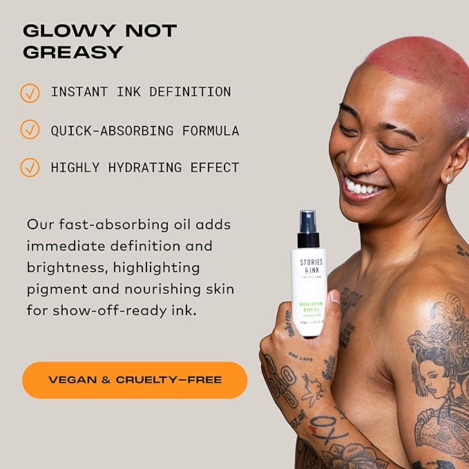 Stories & Ink Highlighting Body Oil for Faded and Healed Tattoos, Refreshes Tattoo Color and Adds Natural Glow, Lightweight Tattoo Care Oil, Vegan, 3.4 Fl Oz / 100ml