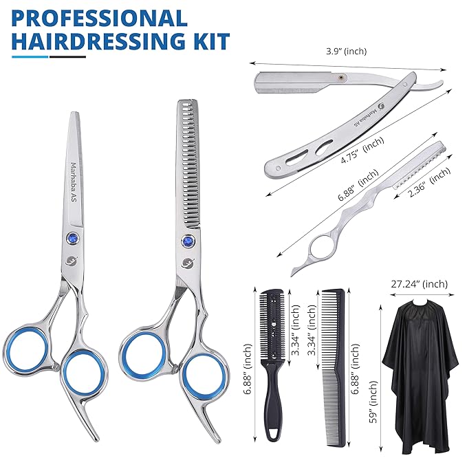 MARHABA AS Hair Scissors Kit – 10 Pieces Stainless Steel Precision Shears for Dry & Wet Hair, Professional and Personal Hair Cutting Set for Men and Women, Sharp Barber Tools with Accessories