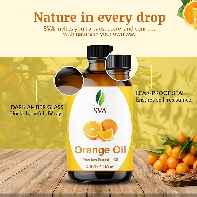 SVA Orange Essential Oil 4 Fl Oz – for Diffuser, Skin & Hair Care – Ideal for Massage & DIY Blends - with Dropper