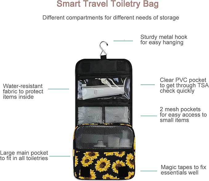 Hanging Travel Toiletry Bag Kit Makeup Case Cosmetics Organizer for Men Women (Black Sunflower)