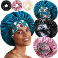 3+3 Large Satin Bonnets with Scrunchies for Women, Wide Band Hair Bonnet for Sleeping Braids Curly Hair, D