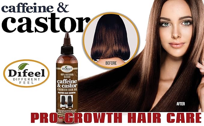 Difeel Caffeine & Castor Hair Oil Blend for Thicker, Fuller-Looking Hair 8 oz. - Nourishing Scalp & Hair Oil Treatment, Strengthens Moisture Retention