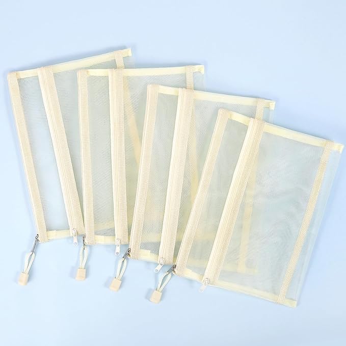 Sinzip 12 Pieces Zipper Nylon Mesh Pouch, Mesh Cosmetic Bags Makeup Bags Pencil Case, Multipurpose Travel Bags for Cosmetic School Office Supplies and Travel Accessories (2 Layers-Beige, A5)