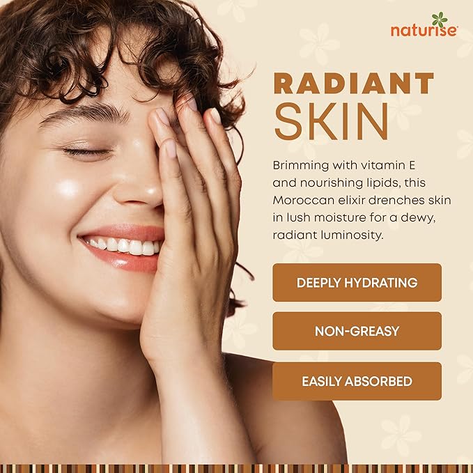 Naturise Organic Argan Oil for Hair & Skin – Cold Pressed, Unrefined, Pure Argan Oil of Morocco for Face Skin Moisture & Hair Growth – Non-GMO, Gluten Free Oils with Vitamins & Fatty Acids (2 fl. oz.)