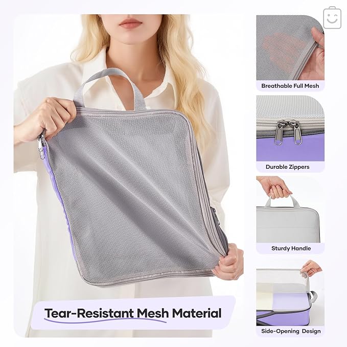 Veken 9/11 Set Compression Packing Cubes Garment Bags for Travel Essentials,Compressible Expandable Luggage Organizer Bags for Clothing,Space Saver Bags with Over 1000 pcs of Mesh Holes(Light Purple)