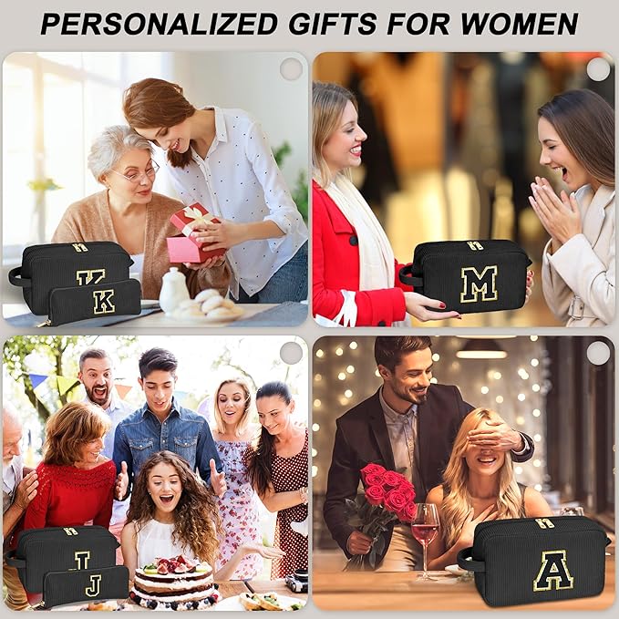 YOOLIFE Black Cosmetic Bags for Women - Initial Travel Makeup Bag with Small Makeup Brush Bag Travel Essentials Corduroy Makeup Bag Bridesmaid Proposal Gifts Granddaughter Gifts for Women Letter K
