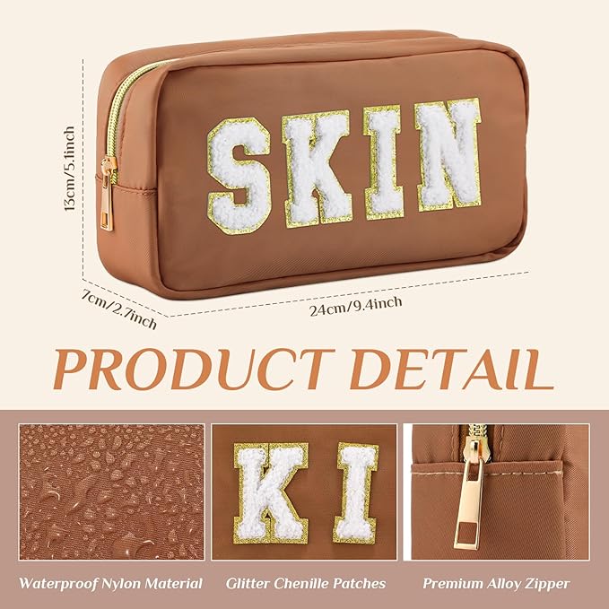 Cunno Preppy Makeup Bags Chenille Letter Stuff Bag Nylon Cosmetic Pouch Cases with Zipper for Women Travel Toiletry(Brown Set,Classic,4 Pcs)