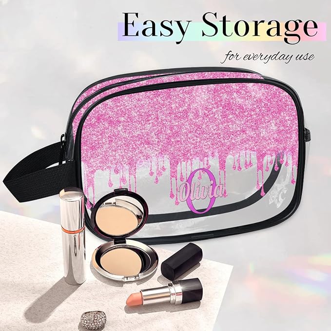 KFNHN Custom Travel Toiletry Bag for Women, Clear PVC Large Makeup Bag, Cosmetic Bag, Comestic Essentials for Women, Light Pink Curtain Glittering