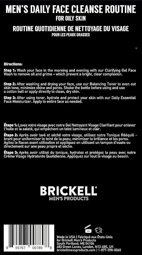 Brickell Men's Daily Face Cleanse Routine for Oily Skin, Alcohol Free Toner, Gel Facial Wash and Moisturizer, With Hyaluronic Acid, Aloe, and Witch Hazel, Scented