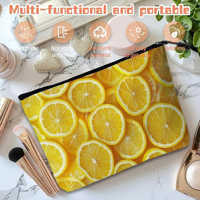 Scribesense Cosmetic Bags Travel Makeup Toilet Case Waterproof Pouch for Women Girls 6.7X9.45inches - Arrangement of Lemon Slices in A Bright Yellow