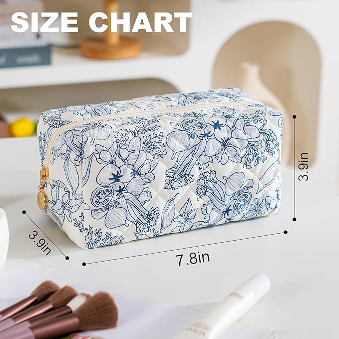 UUYUUY Makeup Bag Travel Toiletry Bag for Women, Small Cosmetic Bags Cute Quilted Cotton Makeup Pouch for Purse Emergency Bag Pencil Case Accessory Bag, Light Cyan