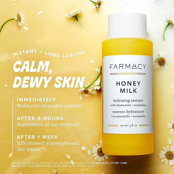 Farmacy Honey Milk Face Essence - Hydrating Milky Toner with Honey, Ceramides, Chamomile + Aloe - Helps Strengthen Skin Barrier + Replenish Moisture - Soothing + Calming Skincare (10ml)