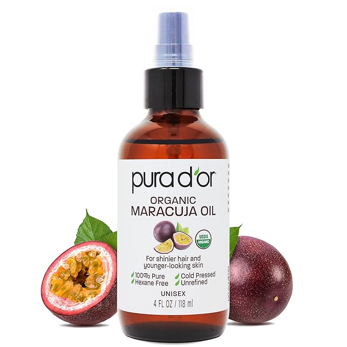PURA D'OR Organic Maracuja Oil - Passion Fruit Seed Oil - 100% Pure USDA Certified Premium Grade Cold Pressed Body Oil For Hair, Skin & Face - Hydrating Therapy 4 Oz Ayurvedic Skin Care
