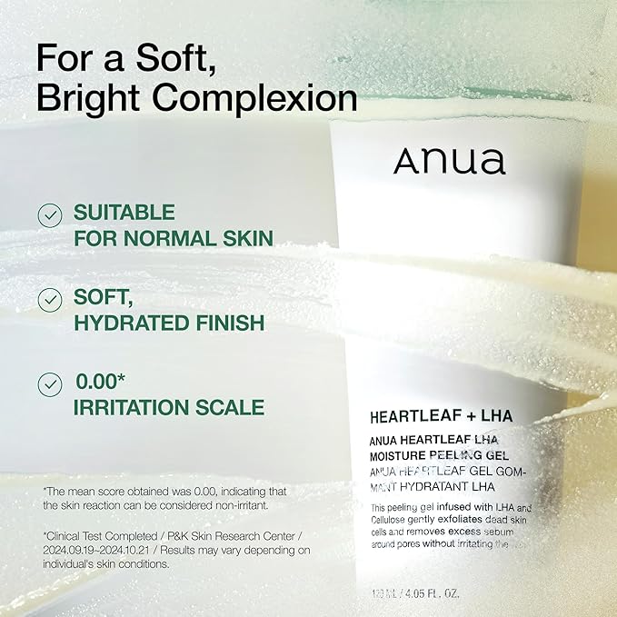 Anua Heartleaf LHA Moisture Peeling Gel, Gentle Exfoliation, Hydrating Facial Peel, Pore Care, Dead Skin Removal, Natural Cellulose, Soothing & Exfoliating for Normal Skin, Korean Skincare, 4.05 fl oz