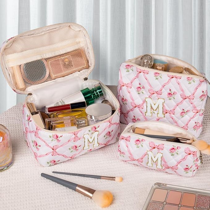 Junesters Personalized Initial Makeup Bag Set, Quilted Makeup Bag, Large Floral Cosmetic Bag for Women, Cute Cotton Custom Make up Bags, Flower Travel Toiletry Bag Teen Girl Gift Trendy Stuff Gift M