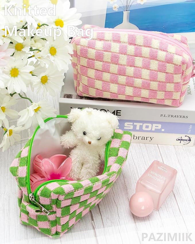 Checkered Makeup Bag for Purse, Small Cosmetic Pouch,Pink Green,2 Pack