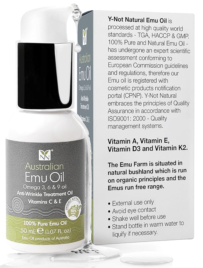 Y Not Natural Australian Emu Oil with Vitamin E & C - 50mL Skin Brightener Serum for Face & Body to Reduce Visible Signs of Aging, Spots & Sun Damage - Antioxidant w/Omega 3 6 9 & Essential Oils