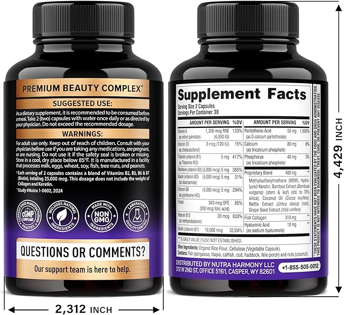 Biotin | Collagen | Hyaluronic Acid | Keratin - Hair Growth & Strength Support Vitamins - Skin & Nails Supplement - Clinically Tested for Men & Women - 25000mcg Vitamins B1, B2, B3, B6 & B7 - 60 Caps