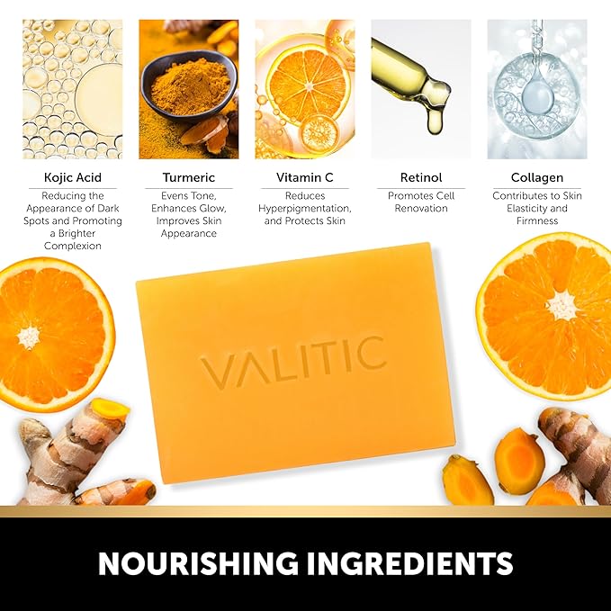 VALITIC Kojic Acid Vitamin C and Retinol Soap Bars with Turmeric for Dark Spot - Original Japanese Complex Infusedwith Collagen, Hyaluronic Acid, Vitamin E (2 Pack) - With Scrub Bag