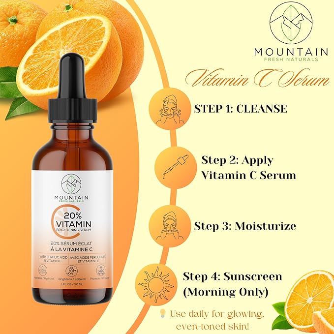 Mountain Fresh Naturals Vitamin C Serum – 20% 3-0-Ethyl Ascorbic Acid, Ferulic Acid & Vitamin E – Brightening, Hydrating, Anti-Aging Serum for Dark Spots, Uneven Skin Tone & Wrinkles – 30mL / 1 fl oz