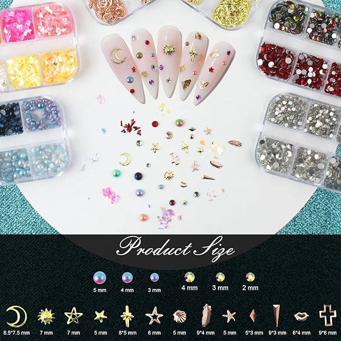 Artdone Nail Art Glitter Studs Kit, 6 Boxes Multicolor and Design 3D Charms with 15 Sheets Gold Nail Stickers, Diamond Cute Nail Jewels for DIY Decoration with Pickup Tools
