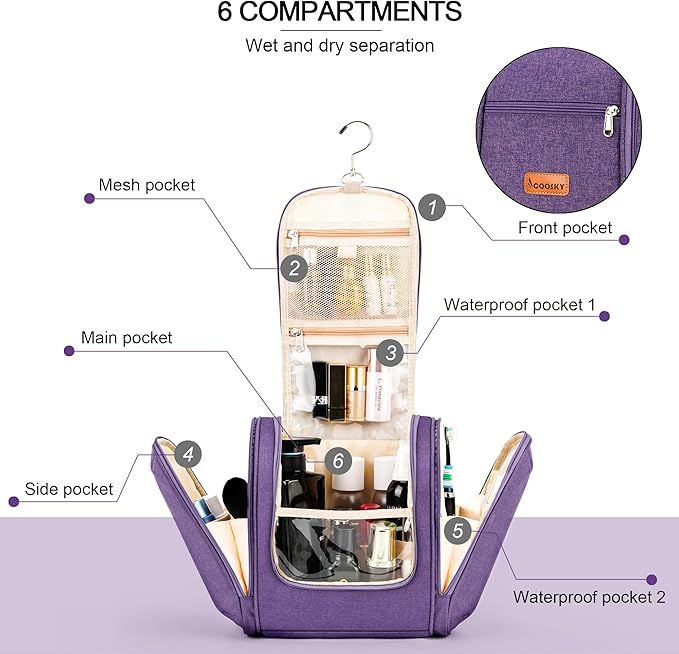 COOSKY Hanging Travel Toiletry Bag for Women and Men, 6 Organizer Compartments, Large Toiletries essentials, Bathroom Cosmetic Accessories, Water-resistant Makeup Bag, Holds Full-Size Shampoo, Purple