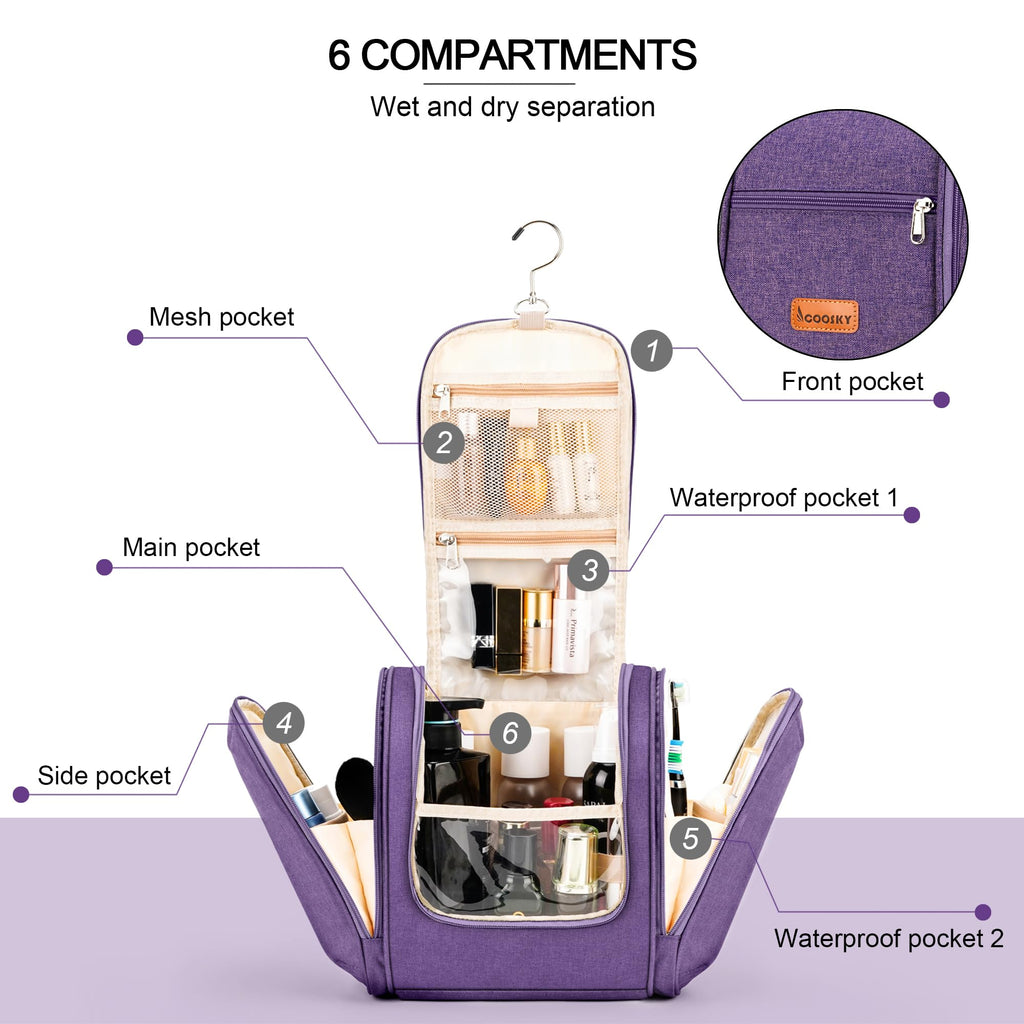 COOSKY Hanging Travel Toiletry Bag for Women and Men, 6 Organizer Compartments, Large Toiletries essentials, Bathroom Cosmetic Accessories, Water-resistant Makeup Bag, Holds Full-Size Shampoo, Purple