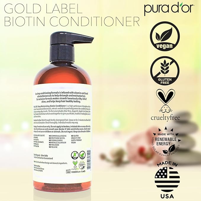 PURA D'OR Deep Moisturizing Biotin Hair Regrwoth Conditioner Thickens, Softens, & Moisturizes Dry, Frizzy, Damaged Hair w/Argan Oil, Pumpkin, Rosemary, Honeysuckle, Vitamin E, Men & Women, 16oz