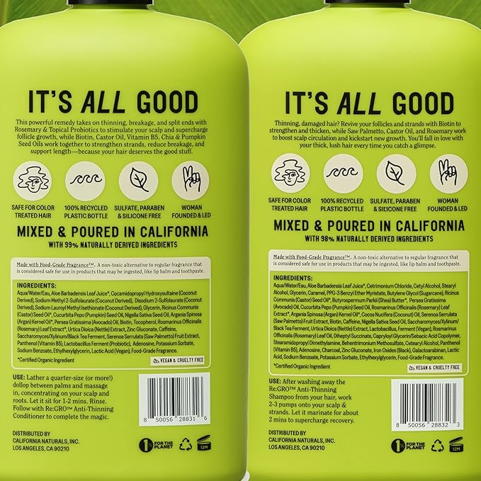 California Naturals Re:GRO Anti-Thinning Shampoo & Conditioner Set for Women, Biotin, Caffeine & Rosemary Oil, Hair Loss & Thinning Support, Sulfate Free, 20 fl oz