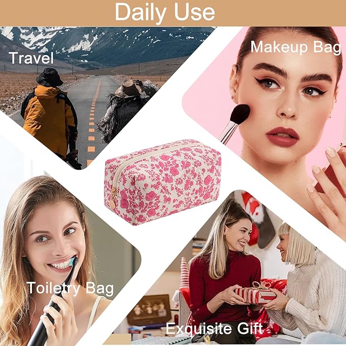 HHQQWZ Cute Square Floral Cotton Makeup Cosmetic Bag for Women Girls, Travel Quilted Zipper Make Up Bag, Square Flowers Organizer Case Kawaii Makeup Cosmetic Travel Cloth Pouch (Red Floral)