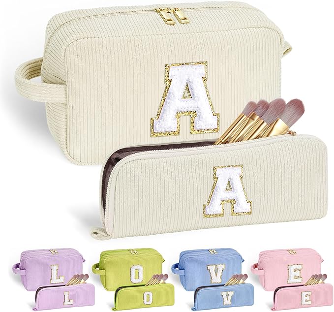 YOOLIFE Travel Makeup Bag Cosmetic Bag - Birthday Gifts for Women Teen Girl Sister Girlfriend Daughter Mom | 8 9 10 11 12 13 14 Year Old Girl Birthday Gift, Wedding Bridesmaid Gifts White Letter A