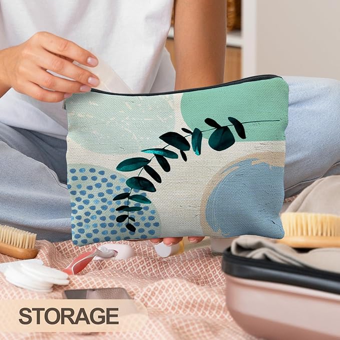RYYCDOI Abstract Boho Blue and Green Makeup Bag, Trendy Botanical Cosmetic Bags for Women, Boho Gifts for Women, Eucalyptus Leaf Botanical Zipper Makeup Pouch