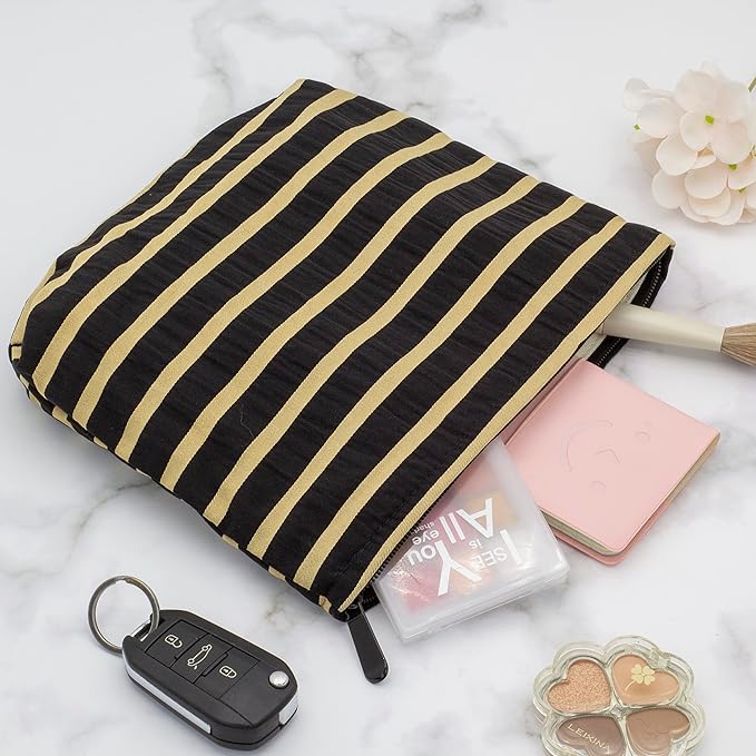 Flat Makeup Bag for Women,Zipper Cosmetic Pouch for Purse,Stripe Black