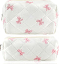 URSKYTOUS 2Pcs Cotton Quilted Makeup Bag for Women Small Coquette Cosmetic Bags Cute Zipper Pink Bow Makeup Pouch Aesthetic Portable Pencil Case Travel Toiletry Bag Trendy Cloth Skincare Bags