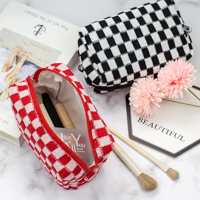 Checkered Makeup Bag for Purse, Small Travel Cosmetic Pouch,Red,2 Pack
