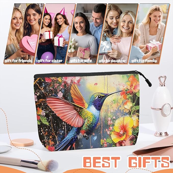 Scribesense Cosmetic Bags Travel Makeup Toilet Case Waterproof Pouch for Women Girls 6.7X9.45inches - Colorful Hummingbird in A Floral Flight