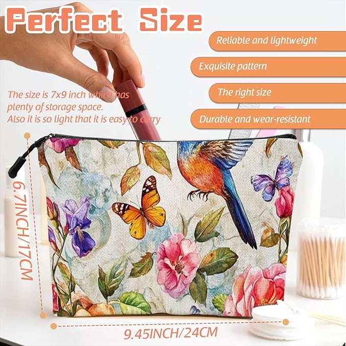 Scribesense Cosmetic Bags Travel Makeup Toilet Case Waterproof Pouch for Women Girls 6.7X9.45inches - Whimsical Flower - Bird - Butterfly World