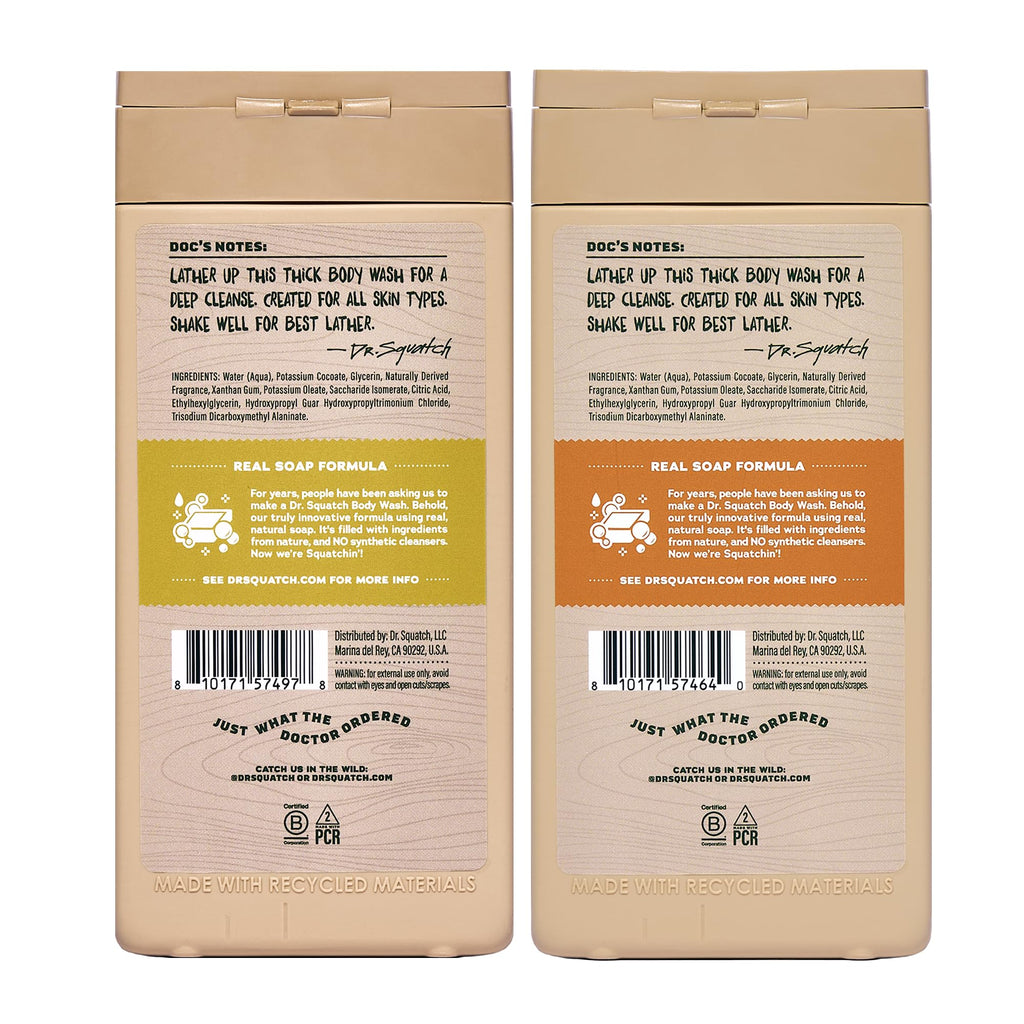 Dr. Squatch Natural Men's Body Wash Shower Gel - Cleansing, Nourishing, Long Lasting Scent, Moisturizing Body Wash for Men - Mountain Meadow + Lumberjack Lodge (14 oz, 2-Pack)