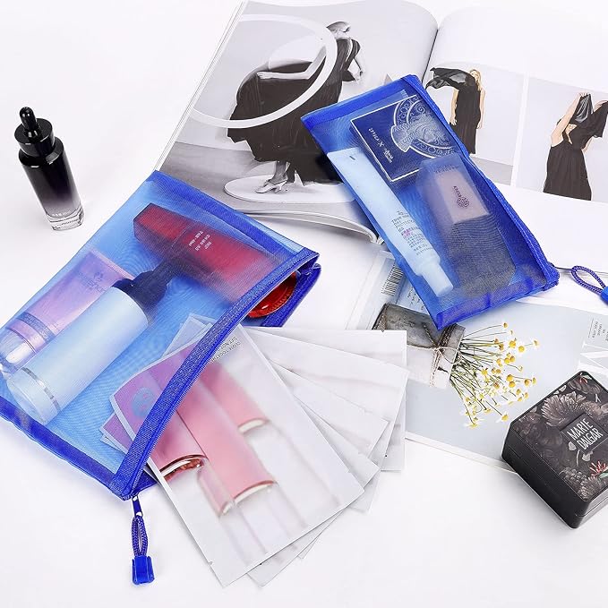 Sinzip 12 Pieces Zipper Nylon Mesh Pouch, Mesh Cosmetic Bags Makeup Bags Pencil Case, Multipurpose Travel Bags for Cosmetic School Office Supplies and Travel Accessories (Blue, A5) (WB06)