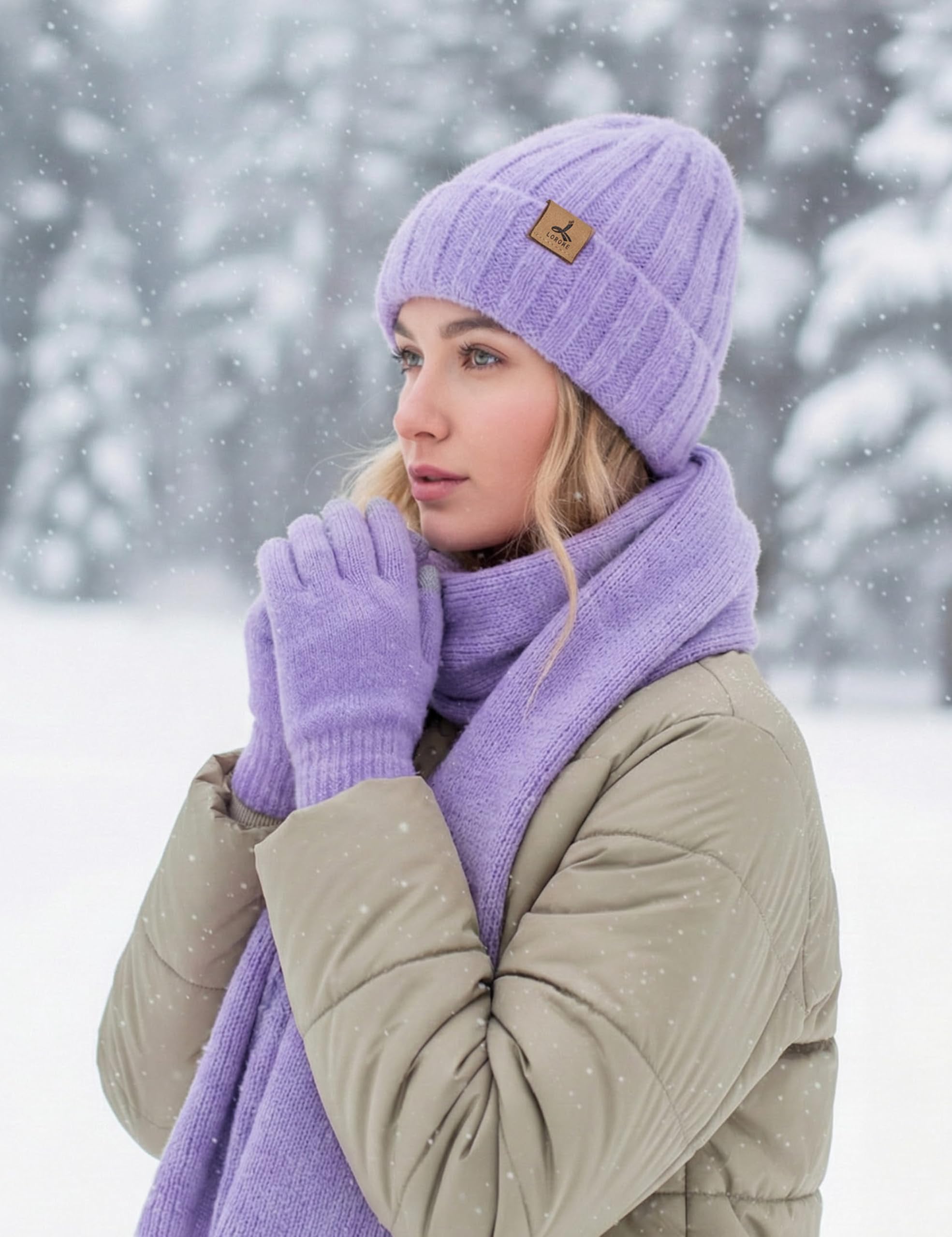 LOROME Winter Beanie Hat Gloves Scarf, Cashmere Hat Gloves Scarf Set Women
