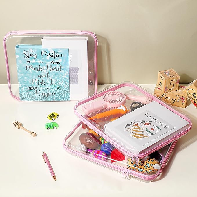 Hoolerry 3 Pcs Clear Hard Zipper Case Hard Plastic Zipper Pouch Makeup Bag Portable Travel Organizer for Cosmetics, Office Supplies, Documents & Toiletries(Pink,L)