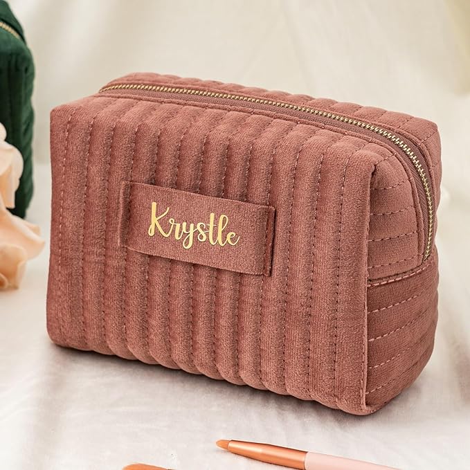 Snirov Custom Makeup Bag, Pink Velvet Personalized Cosmetic Bag with Zipper for Women Teen Girls Birthday Gifts Mothers Day Gifts for Mom