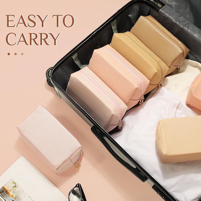 Sanwuta 9 Pcs Makeup Bags Bulk Bridesmaid Proposal Gifts Cosmetic Bags Preppy PU Leather Double Zipper Toiletry Pouch Portable Travel Organizer Case for Women Bachelorette Gift(Pink Brown Series)