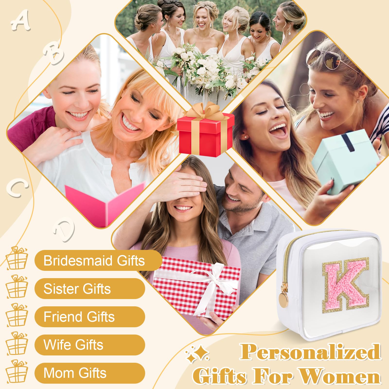 Personalized Initial Letter Clear Preppy Makeup Bag,Mini Nylon Chenille Letter Cosmetic Bag Cute Zipper Pouch Purse for Teen Girls,Portable TSA Approved Beach Travel Essentials Bag Gift for Women,K