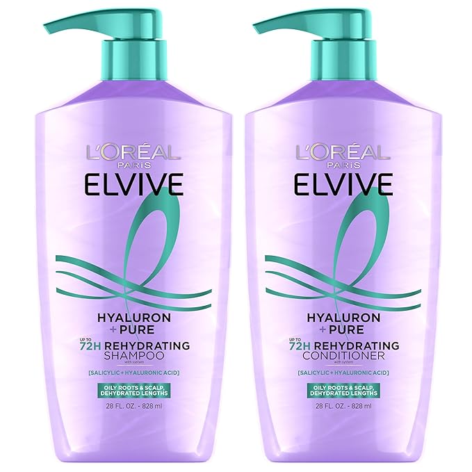 L'Oreal Paris Elvive Hyaluron + Pure Shampoo and Conditioner Set, Clarifying Shampoo and Rehydrating Conditioner with Salicylic Acid and Hyaluronic Acid, 56 Fl Oz Set