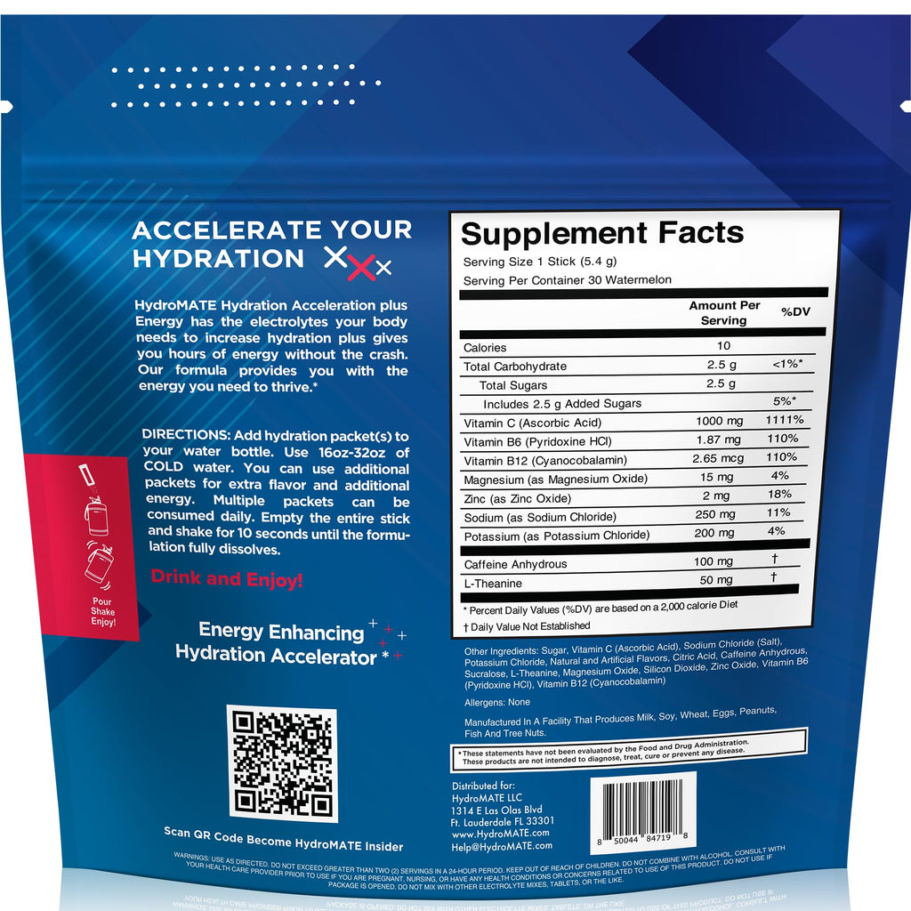HydroMATE Electrolytes Powder Drink Mix Packets Hydration Accelerator Low Sugar Rapid Party Relief Recovery Vitamin C Plus Caffeine Watermelon 30 Count