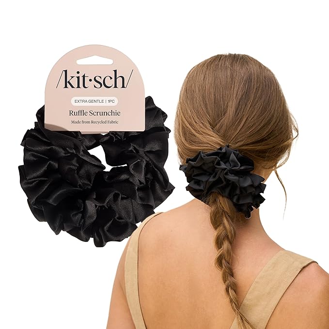 Kitsch Ruffle Satin Scrunchies For Women - Gentle Hair Tie - Black, 1pc
