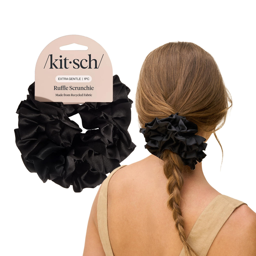Kitsch Ruffle Satin Scrunchies For Women - Gentle Hair Tie - Black, 1pc